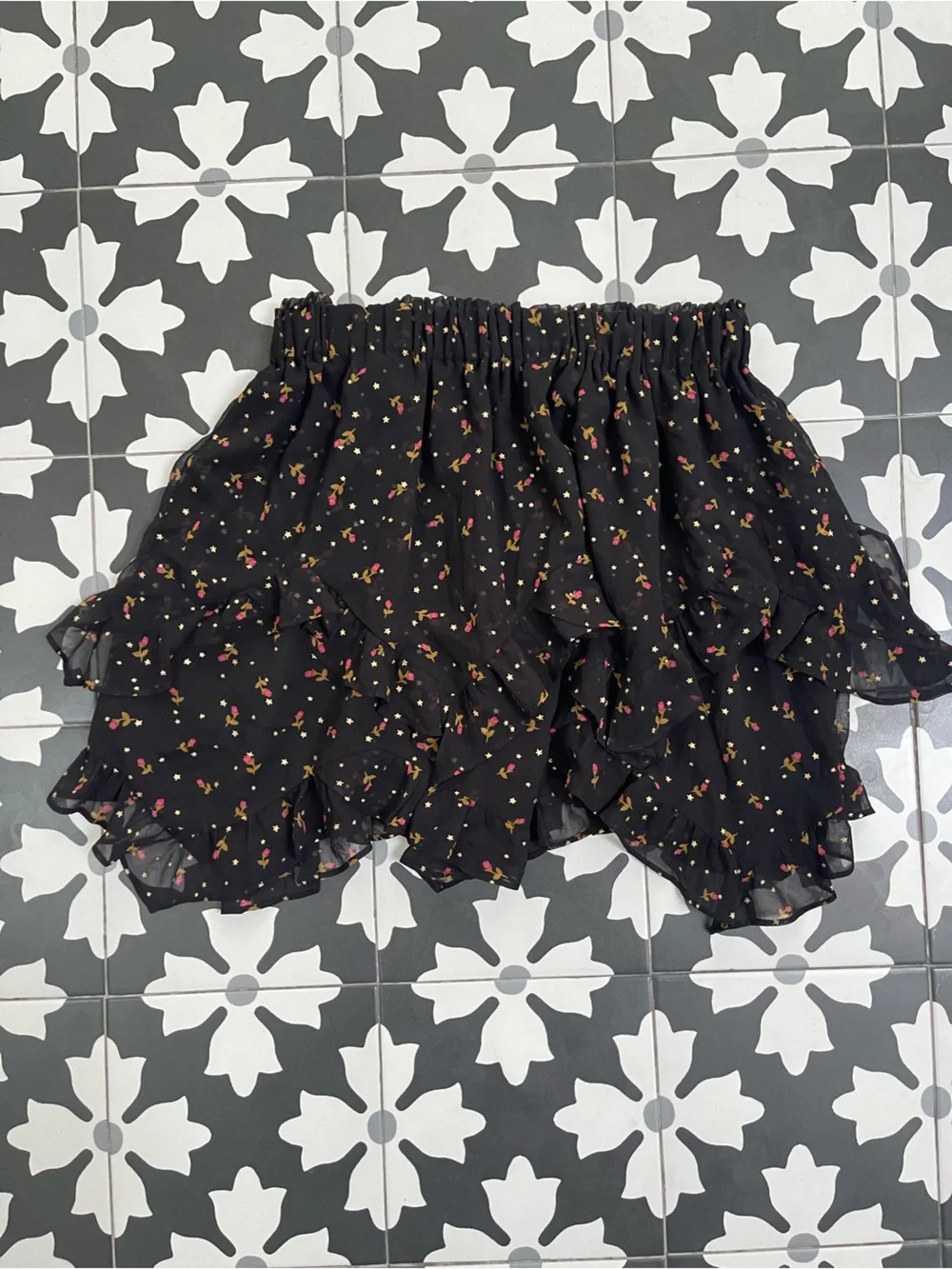 For Love & Lemons Black Ruffle Mini Skirt with Pink Roses and Gold Stars